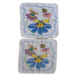 Set of 2 vintage wash cloth towels blue yellow cartoon bugs